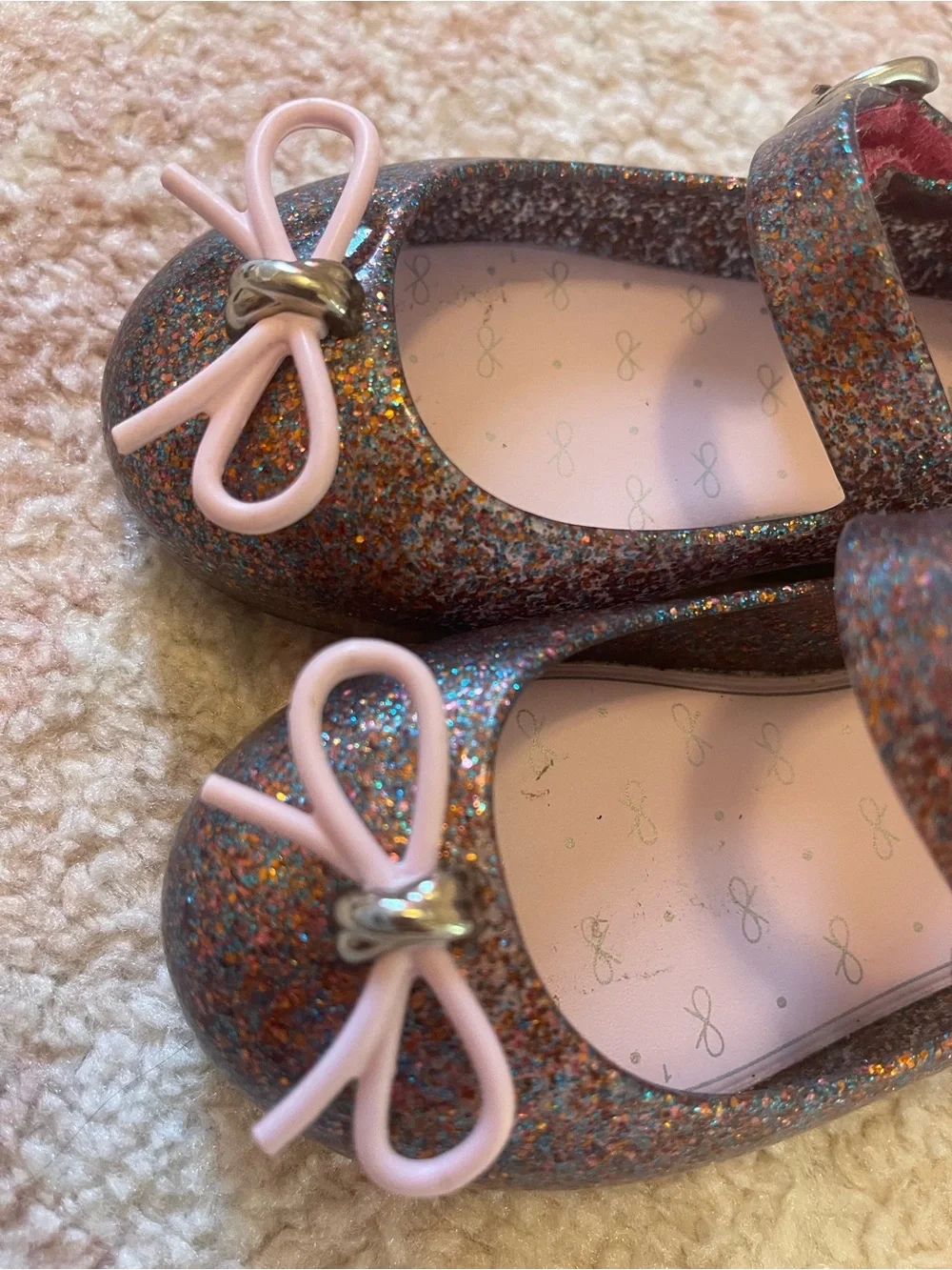Mini Melissa Glitter Mary Janes with Pink Bow Accent